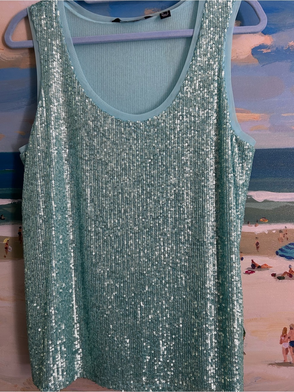 Sequin Scoop Neck Tank Top - Light Aqua stretchy L